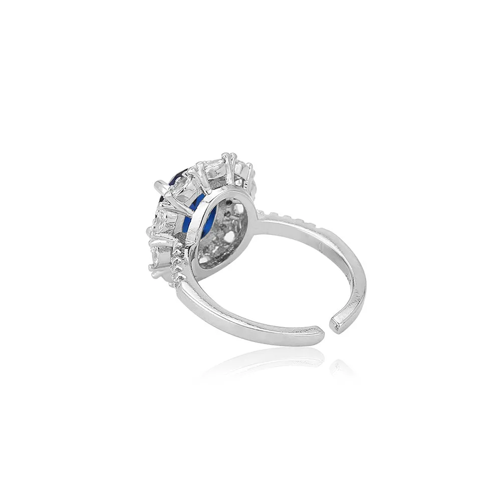 Carlton London Premium Rhodium Plated Silver Toned Blue Stone Studded Adjustable Ring For Women