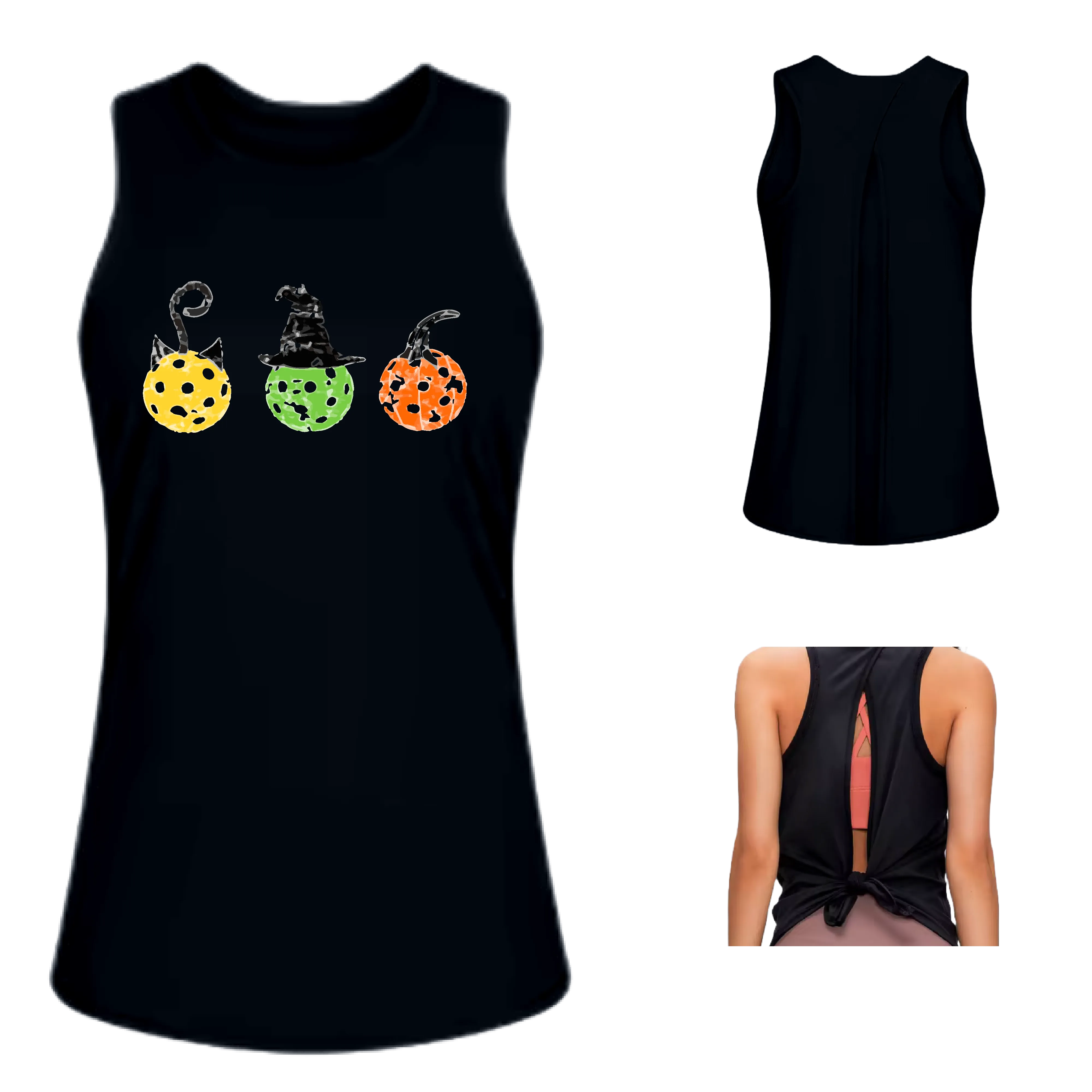 Cat Witch Pumpkin  | Women's Split Back or Tied Back Pickleball Tank | 80/20 Nylon Spandex Mix