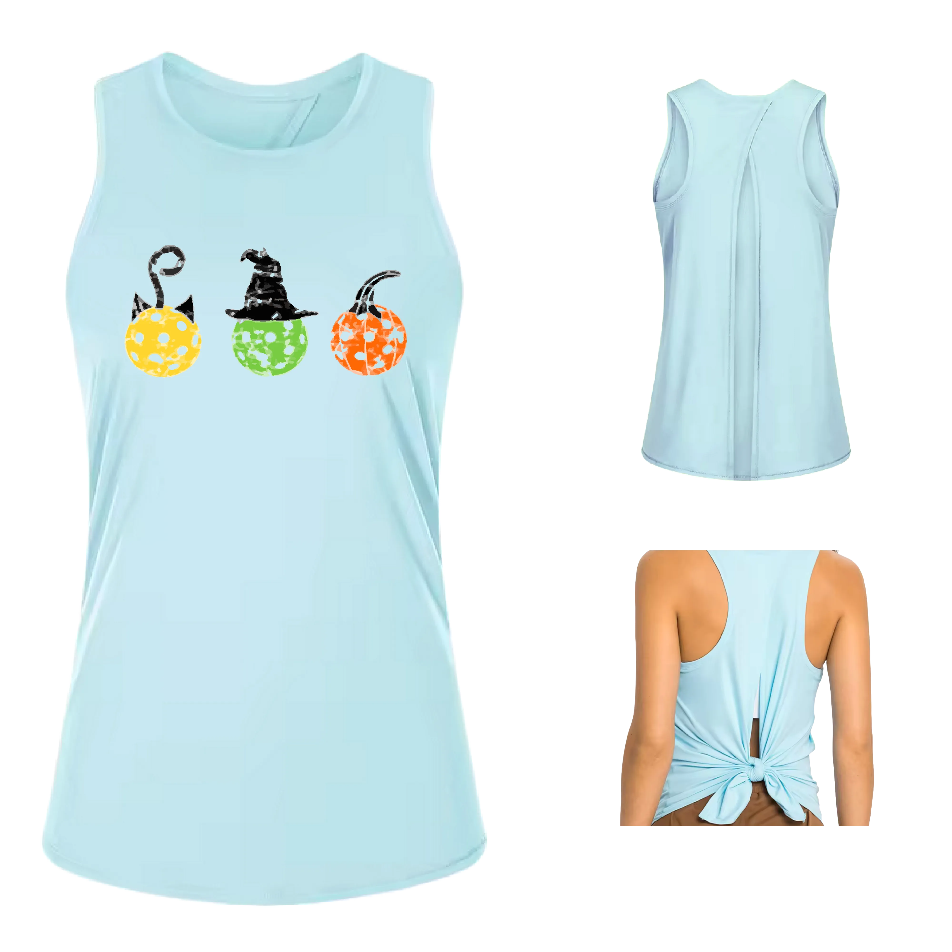 Cat Witch Pumpkin  | Women's Split Back or Tied Back Pickleball Tank | 80/20 Nylon Spandex Mix