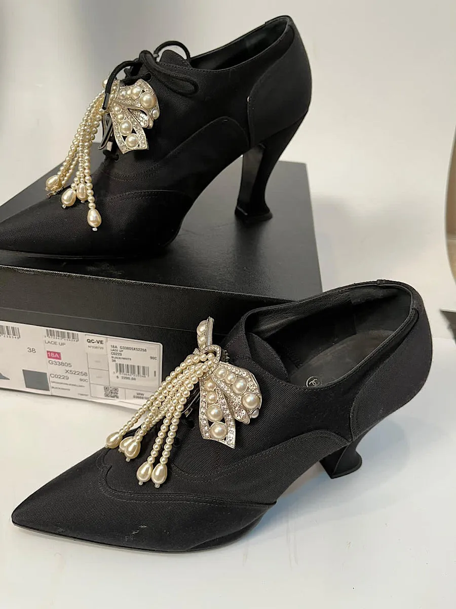 Chanel 18A 2018 Pre-Fall Black Fabulous Pearl Crystals and CC Bows Heel Booties EU 38 US 7/7.5