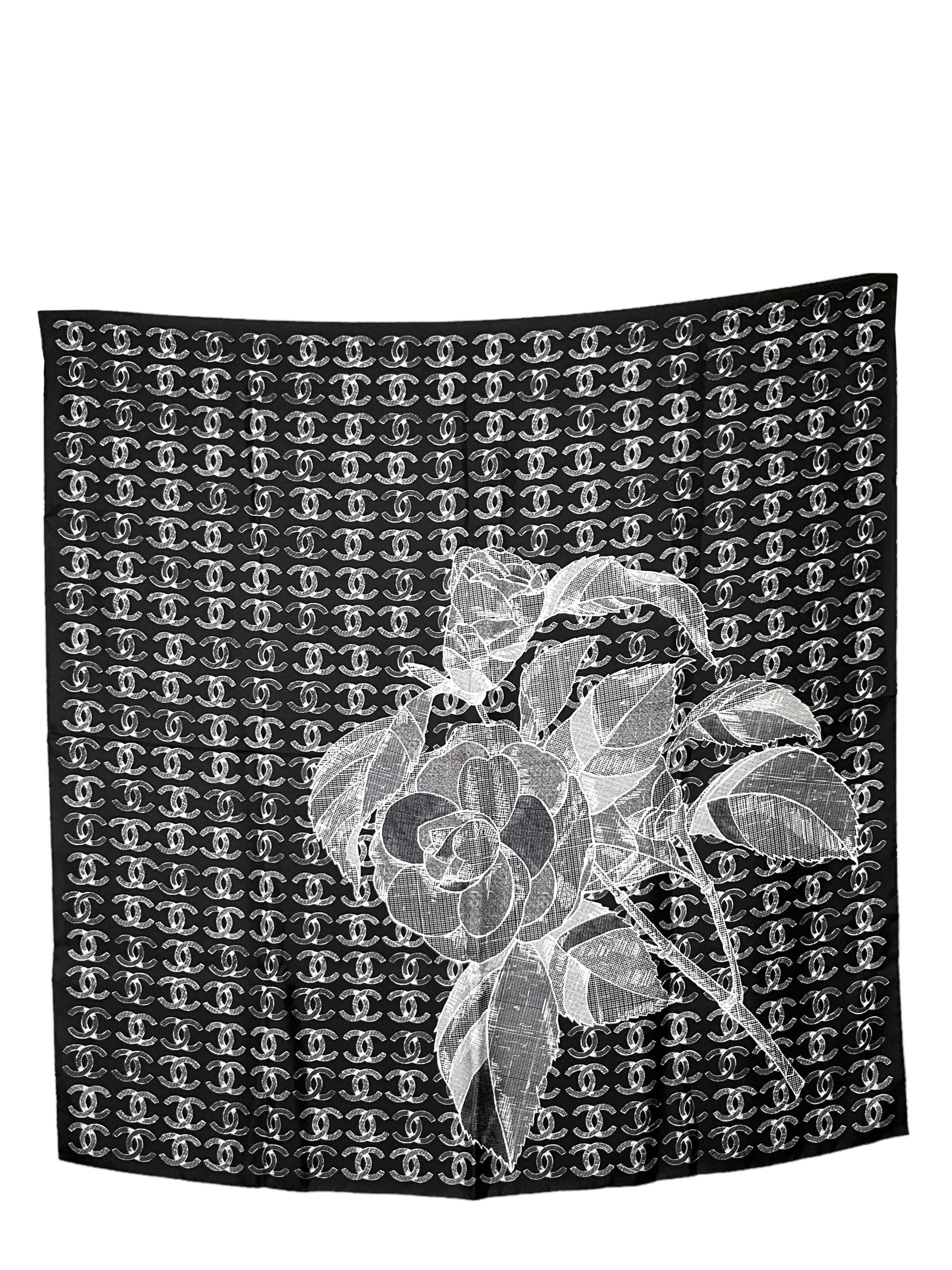 CHANEL 21A CC Logo Camellia Flower Silk Square Scarf