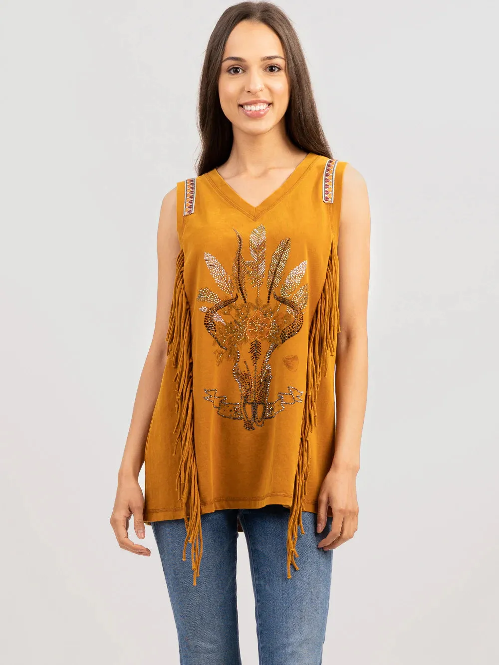 Delila Women Washed Retro Bull Fringe Tank