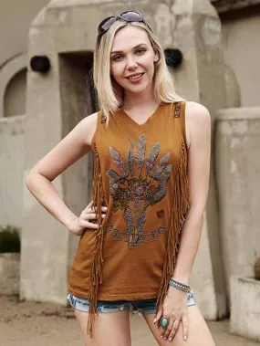 Delila Women Washed Retro Bull Fringe Tank