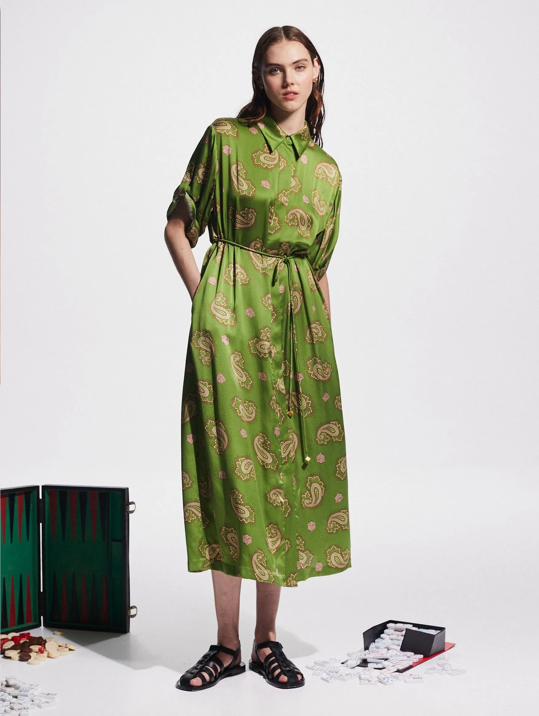 Dice Silk Shirtdress in Green