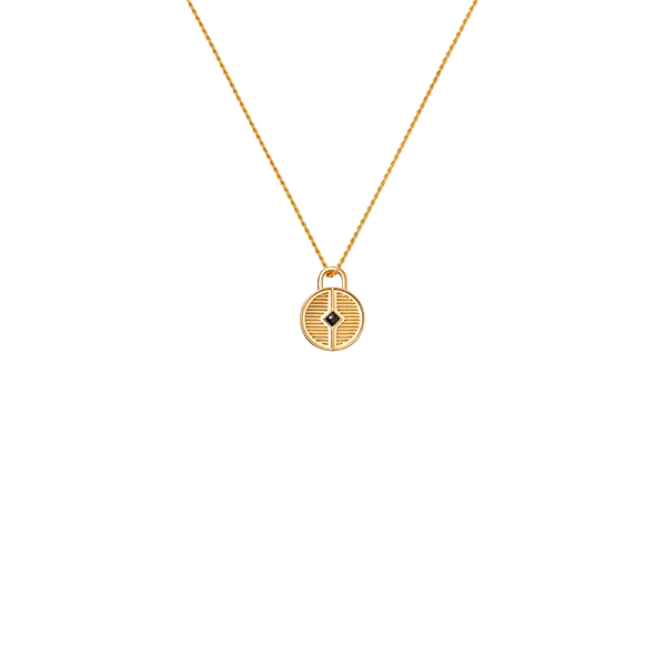 Engravable Round Ridge Locket Necklace | 18ct Gold Plated/Black Onyx