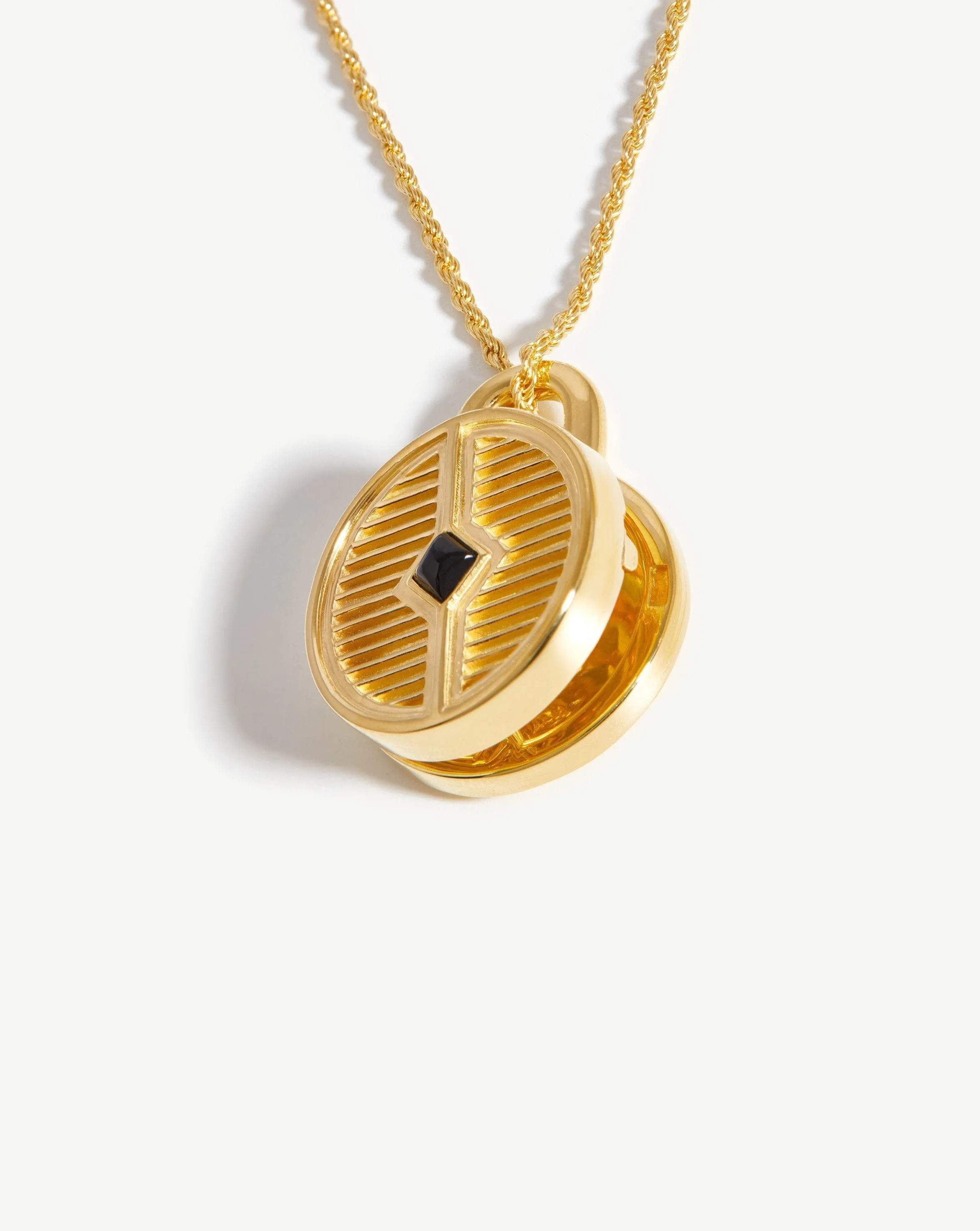 Engravable Round Ridge Locket Necklace | 18ct Gold Plated/Black Onyx