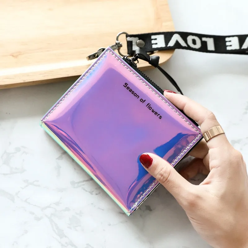 Fashion Small Wallet Women Short Wristlet Thin Purses Ladies Money Bag Korean Female Holographic Wallet 2021 Walet Slim Vallet