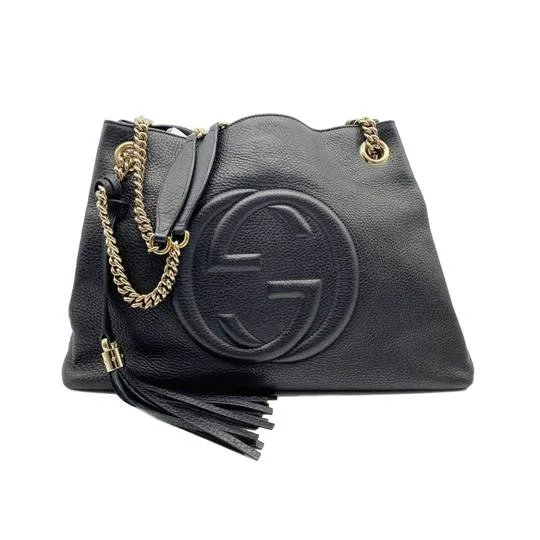 Gucci Shoulder Bag Soho Pebbled Calfskin Medium Chain Black Tote