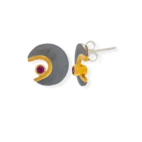 Handmade Gold & Black Plated Silver Stud Earrings Little Moons With Red Zircons