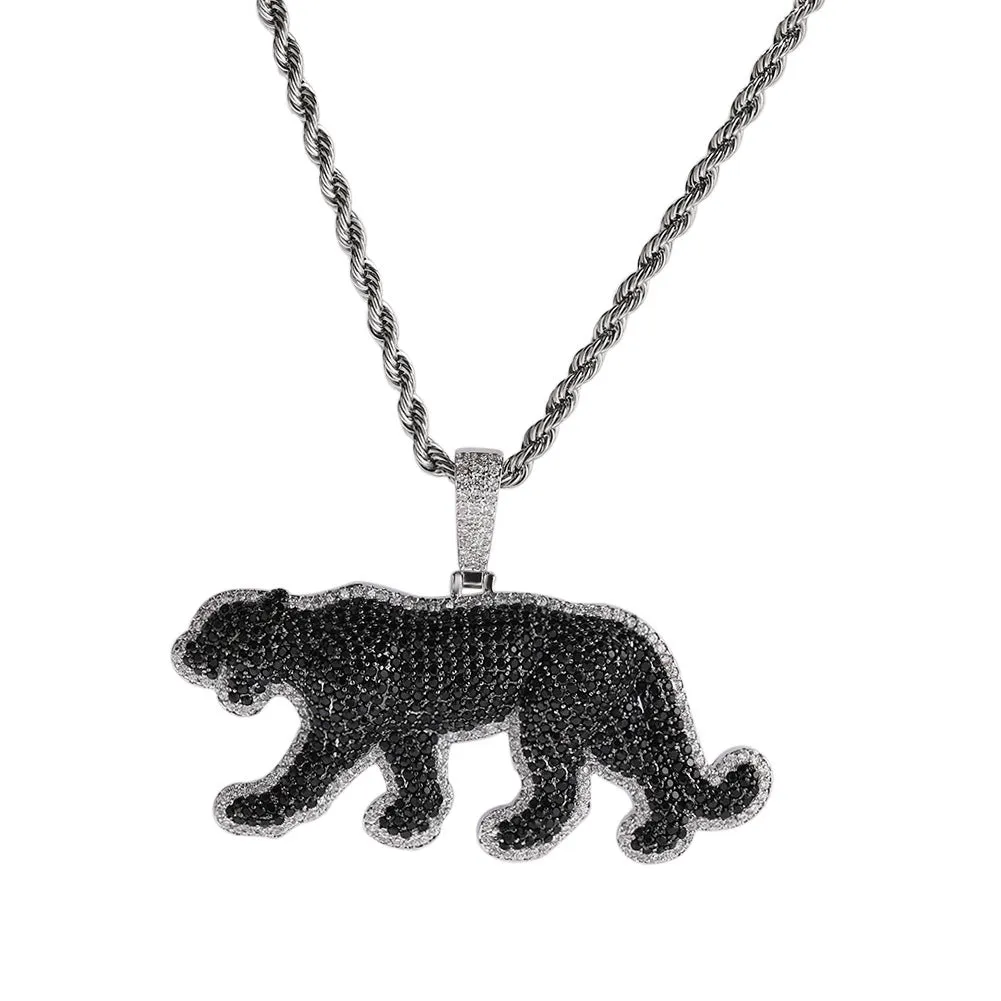 Iced Out Black Cz Diamond Leopard Pendant Necklace