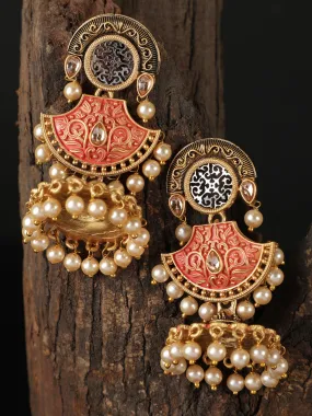 Ishin Gold Toned Orange Meenakari Contemporary Shaped Jhumka