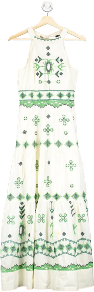 Karen Millen Cream Cotton Maxi Dress With Cross Stitch Detail And Tie Back Detail UK 8