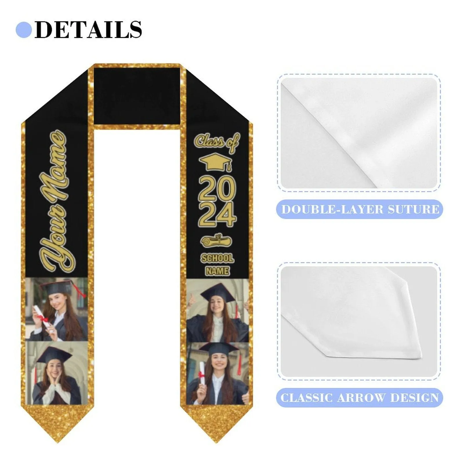 【Limited Time Discount】Custom Photo&Name Gold And Black Graduation Stoles Sash Class of 2024 Graduation Gift