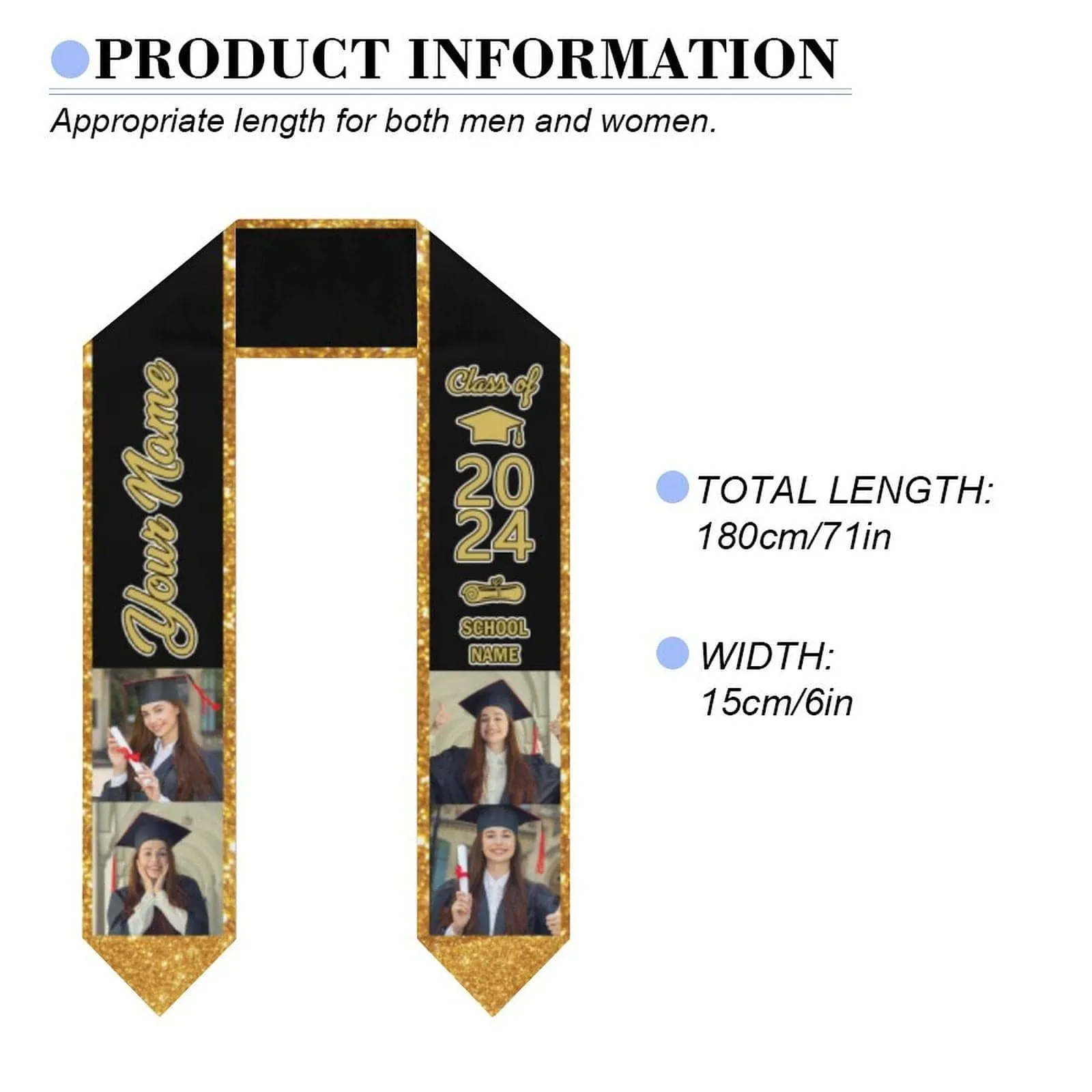 【Limited Time Discount】Custom Photo&Name Gold And Black Graduation Stoles Sash Class of 2024 Graduation Gift