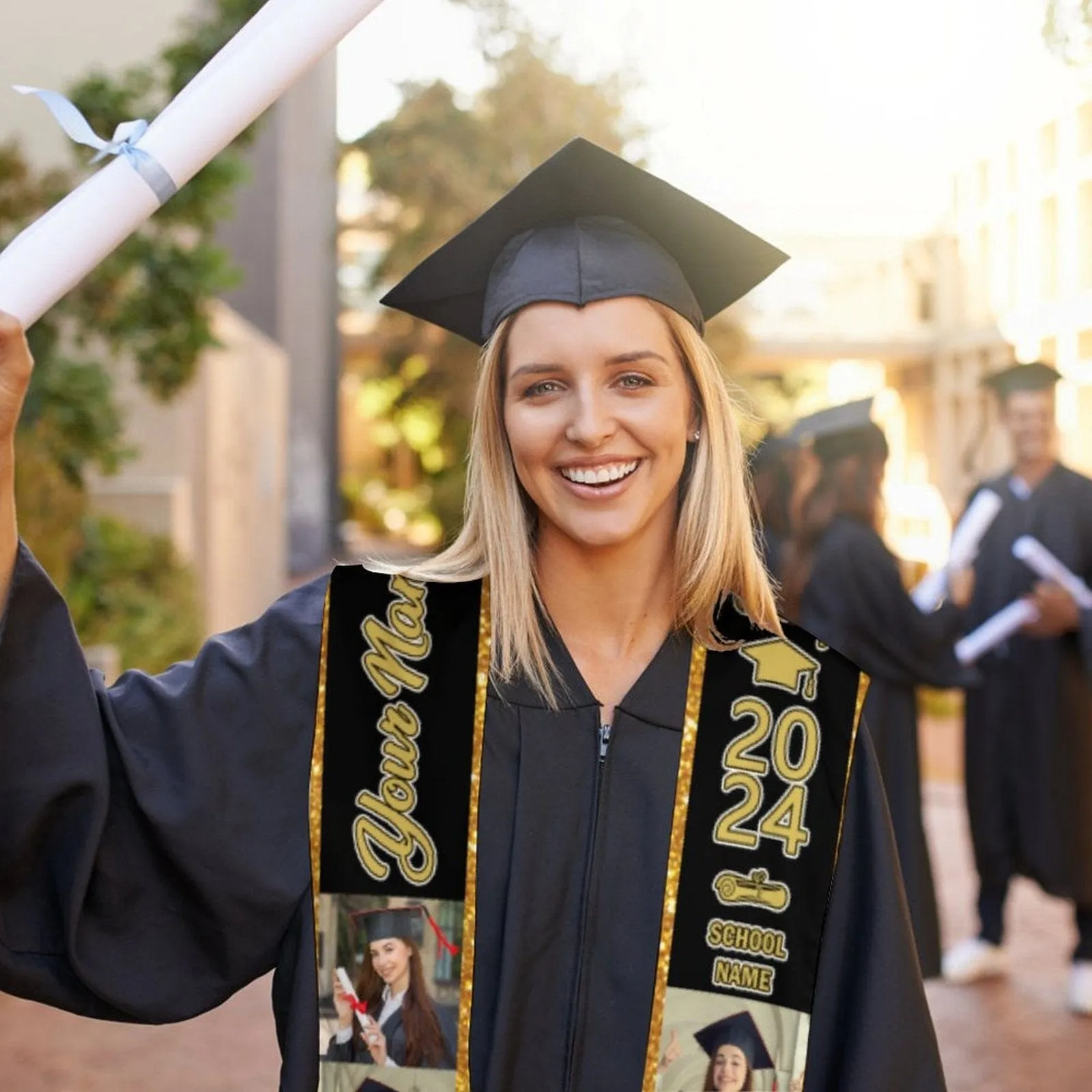 【Limited Time Discount】Custom Photo&Name Gold And Black Graduation Stoles Sash Class of 2024 Graduation Gift