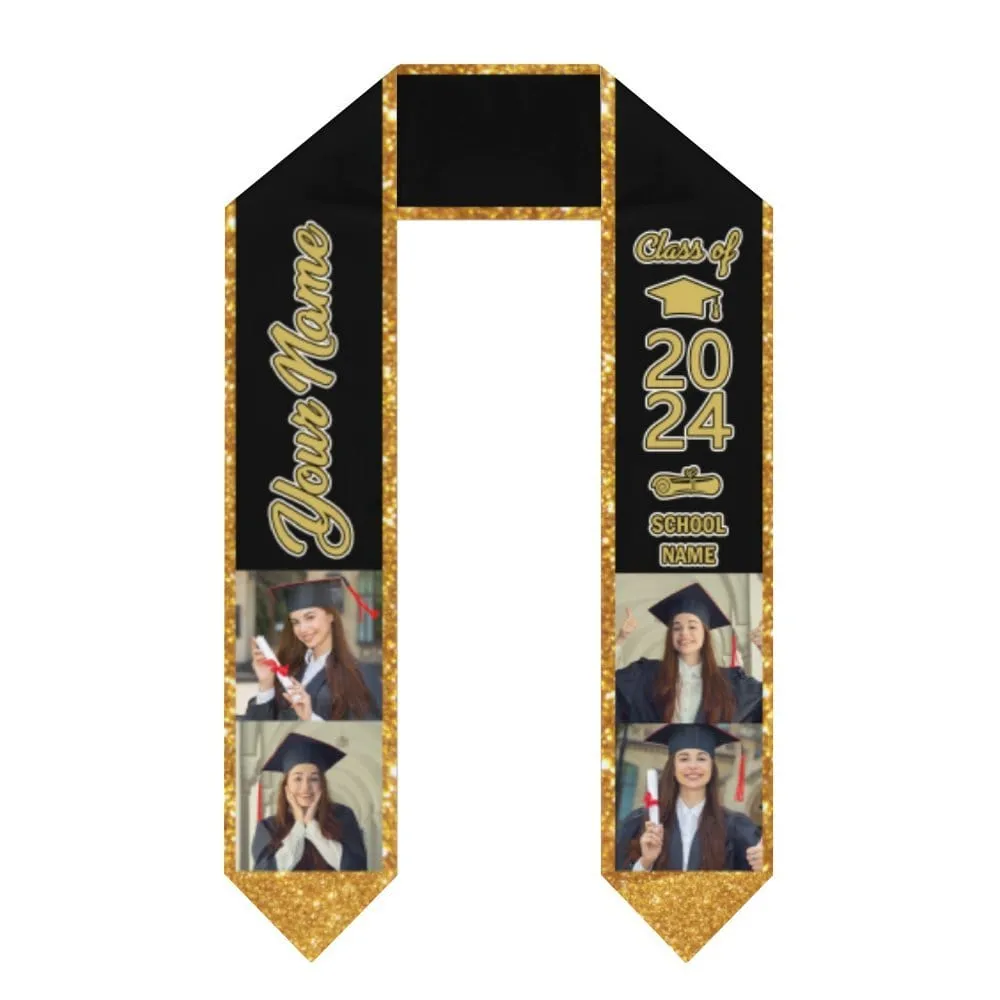 【Limited Time Discount】Custom Photo&Name Gold And Black Graduation Stoles Sash Class of 2024 Graduation Gift