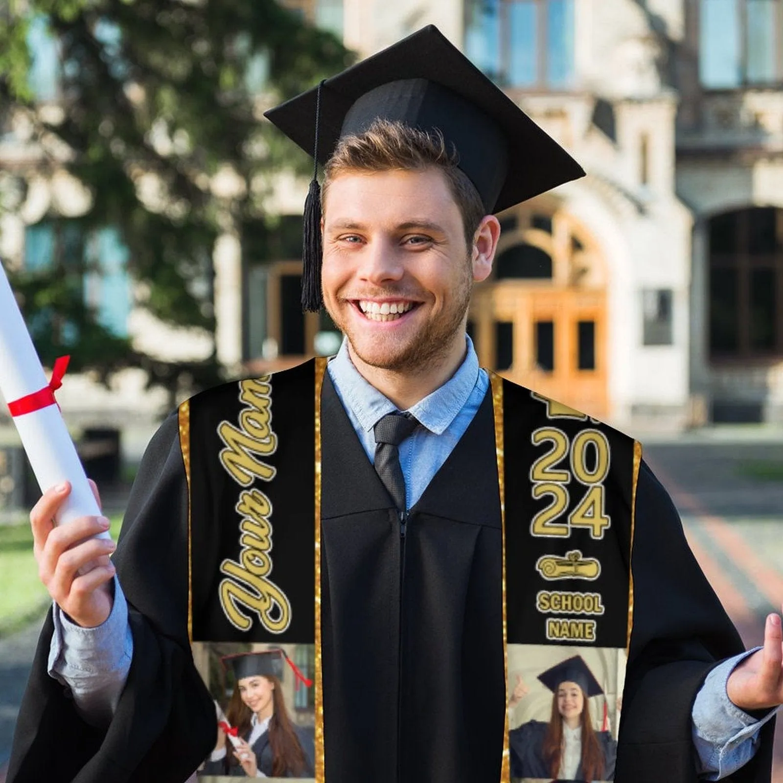 【Limited Time Discount】Custom Photo&Name Gold And Black Graduation Stoles Sash Class of 2024 Graduation Gift