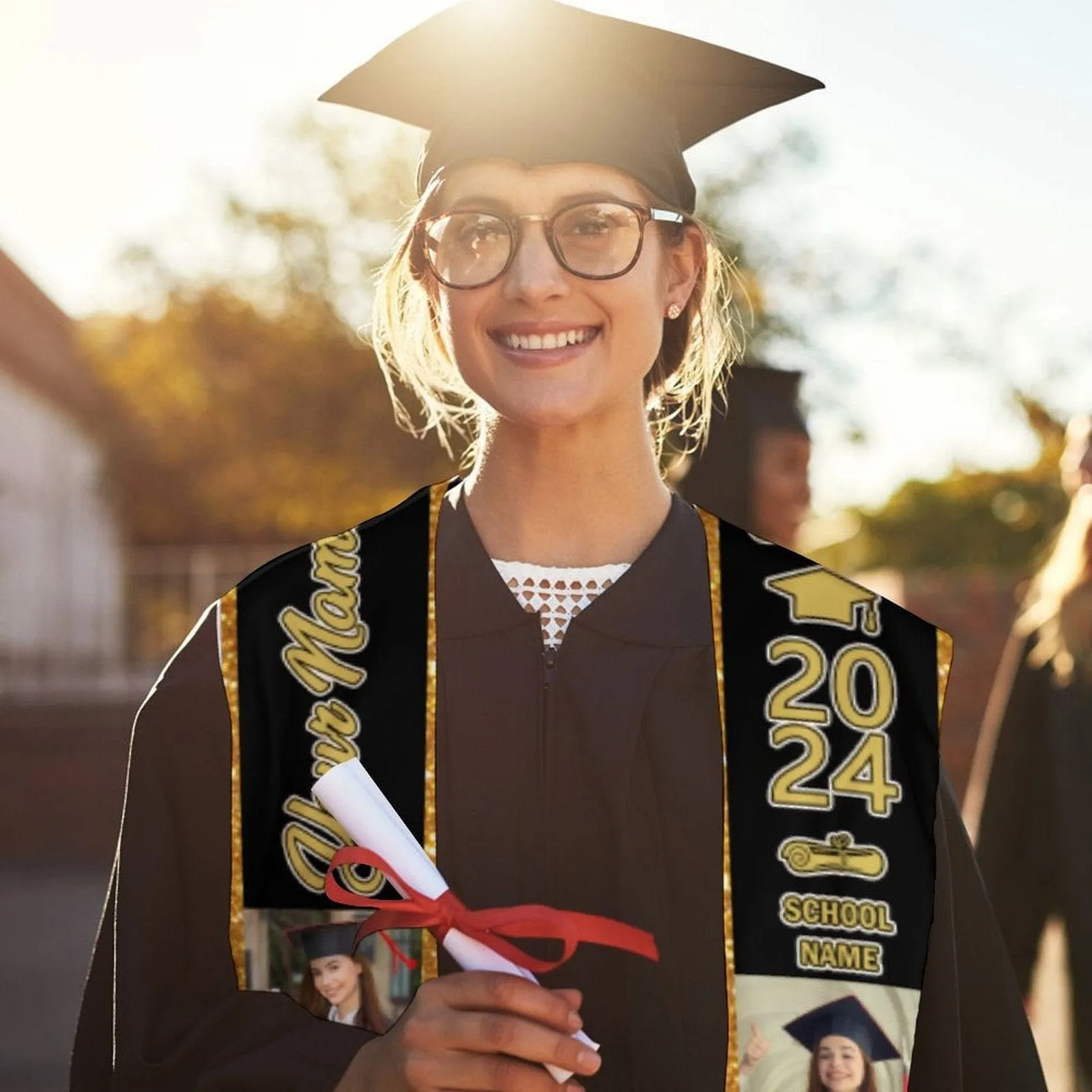 【Limited Time Discount】Custom Photo&Name Gold And Black Graduation Stoles Sash Class of 2024 Graduation Gift