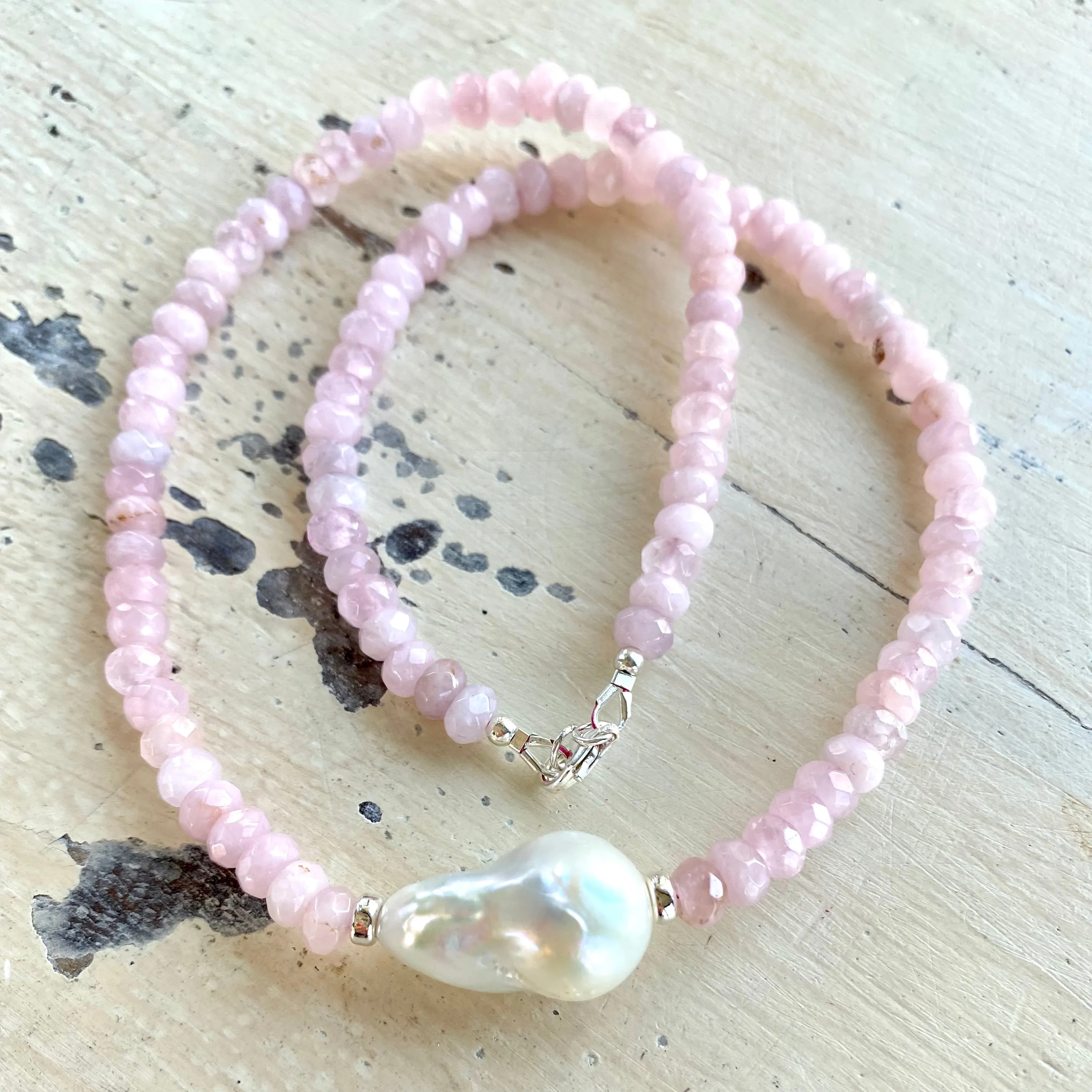 Madagascar Rose Quartz Beaded Necklace with Large Baroque Pearl and Silver Details, 17.5inches