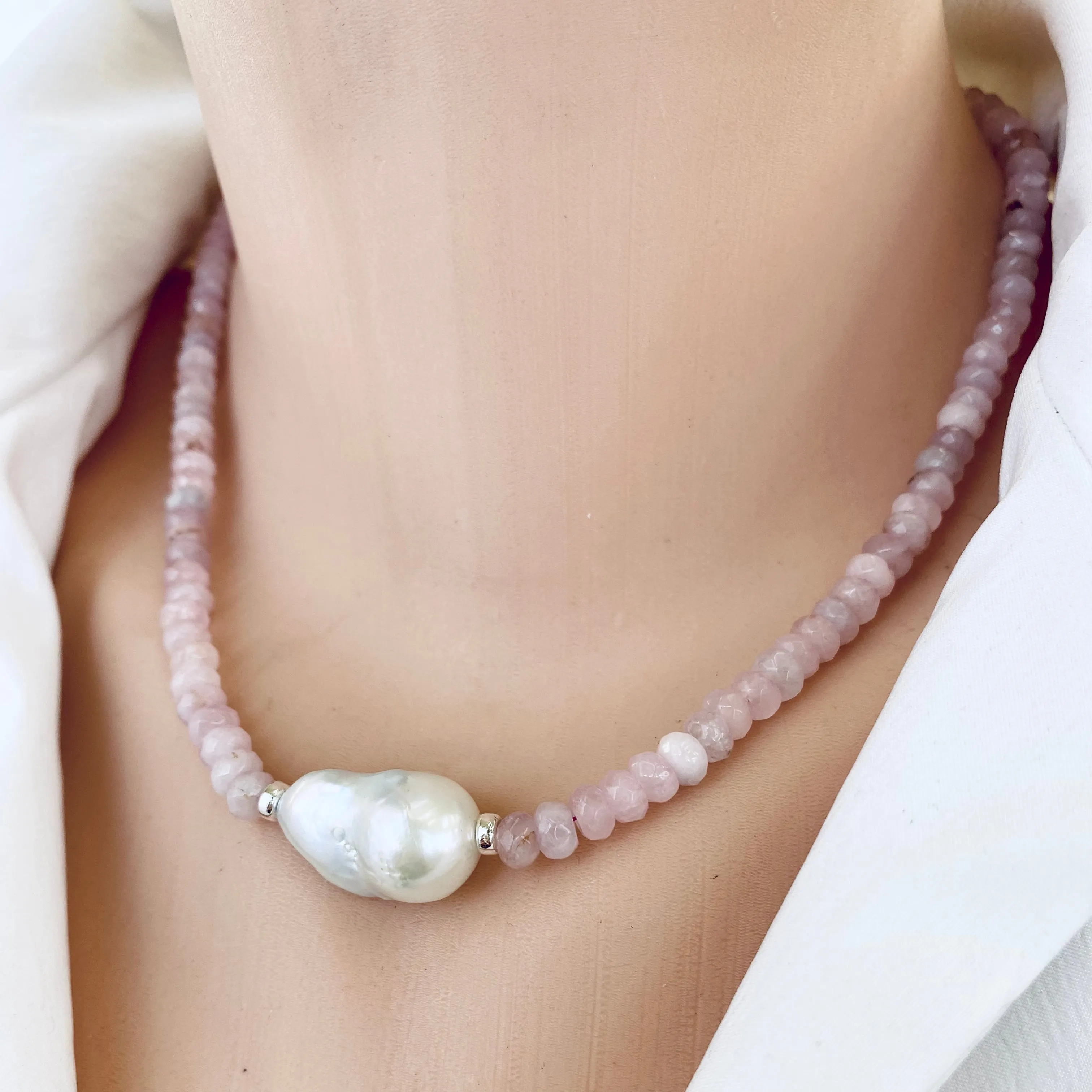 Madagascar Rose Quartz Beaded Necklace with Large Baroque Pearl and Silver Details, 17.5inches