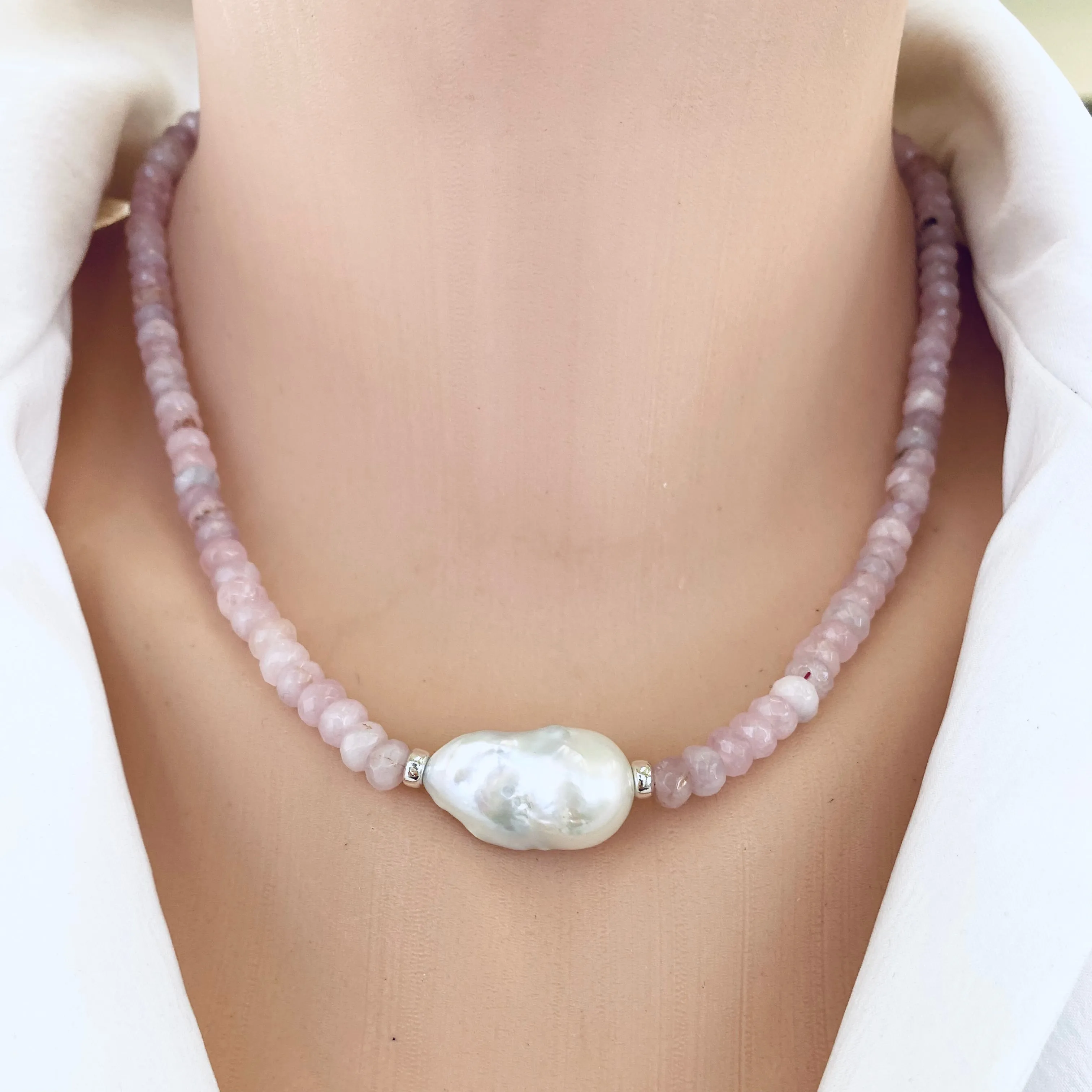 Madagascar Rose Quartz Beaded Necklace with Large Baroque Pearl and Silver Details, 17.5inches