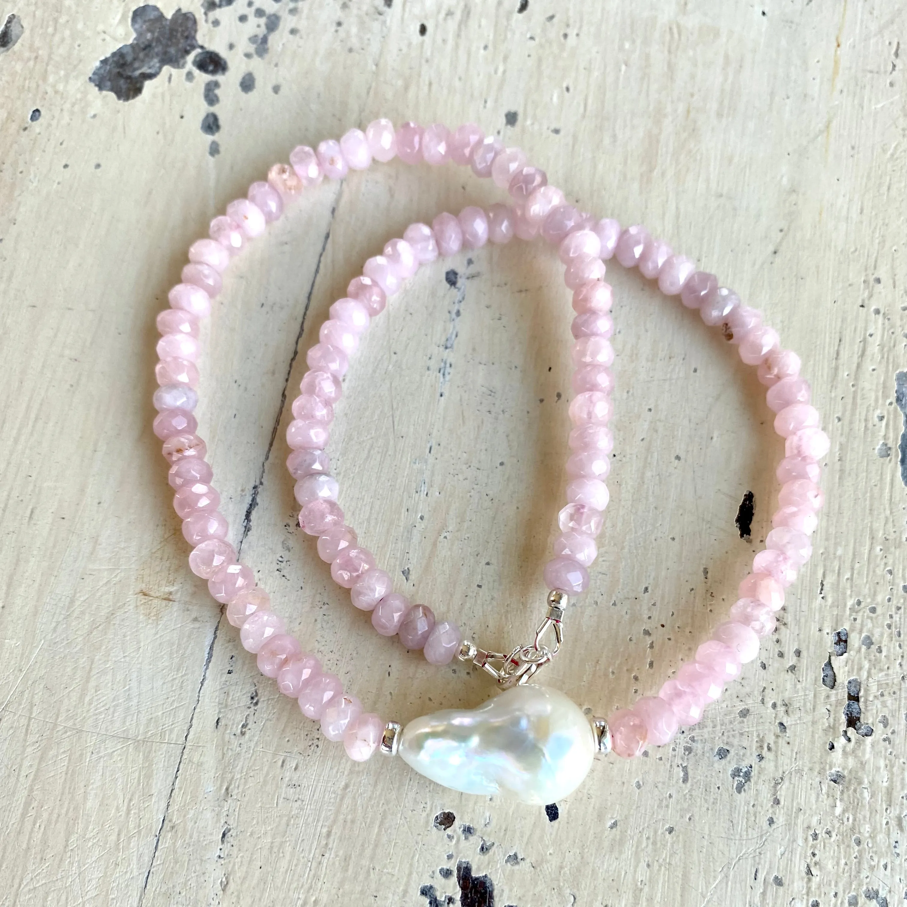 Madagascar Rose Quartz Beaded Necklace with Large Baroque Pearl and Silver Details, 17.5inches