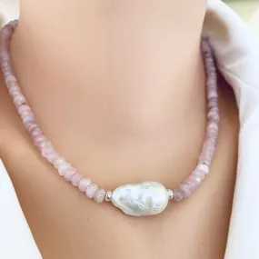 Madagascar Rose Quartz Beaded Necklace with Large Baroque Pearl and Silver Details, 17.5inches