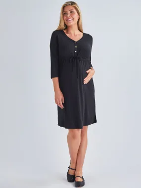 Maternity & Nursing Button Drawstring Dress in Black