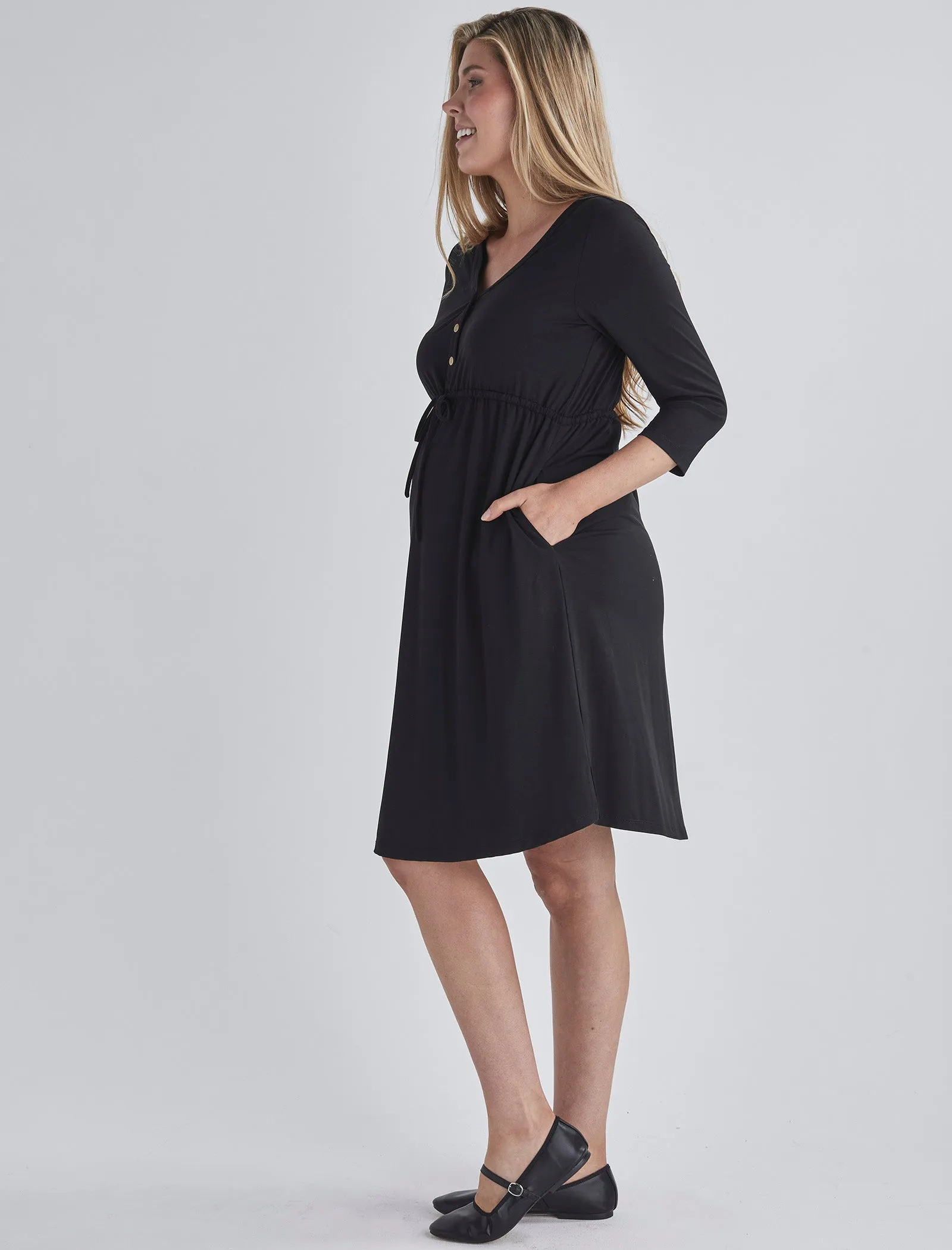 Maternity & Nursing Button Drawstring Dress in Black