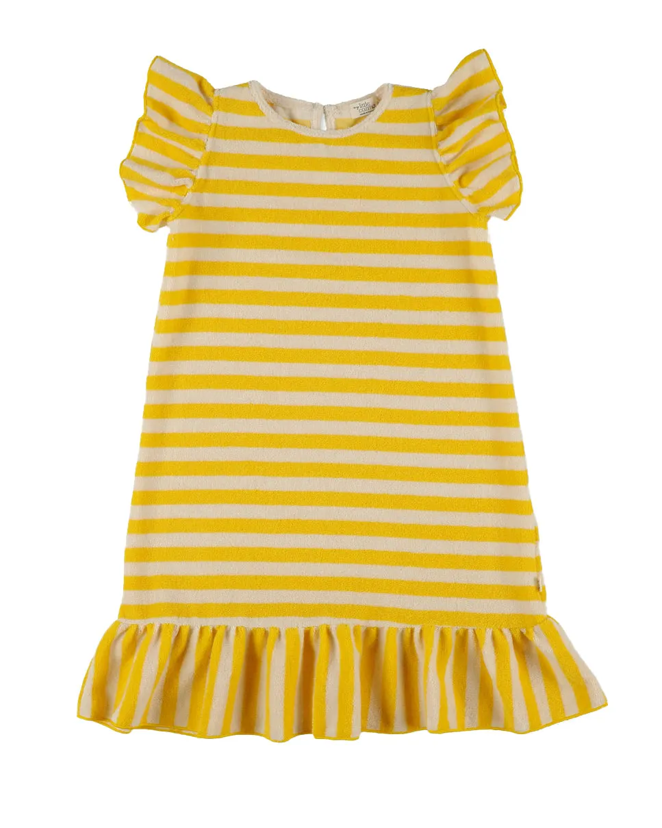 MY LITTLE COZMO Les Tresors Marines Organic Toweling Terry Stripes Dress in Yellow