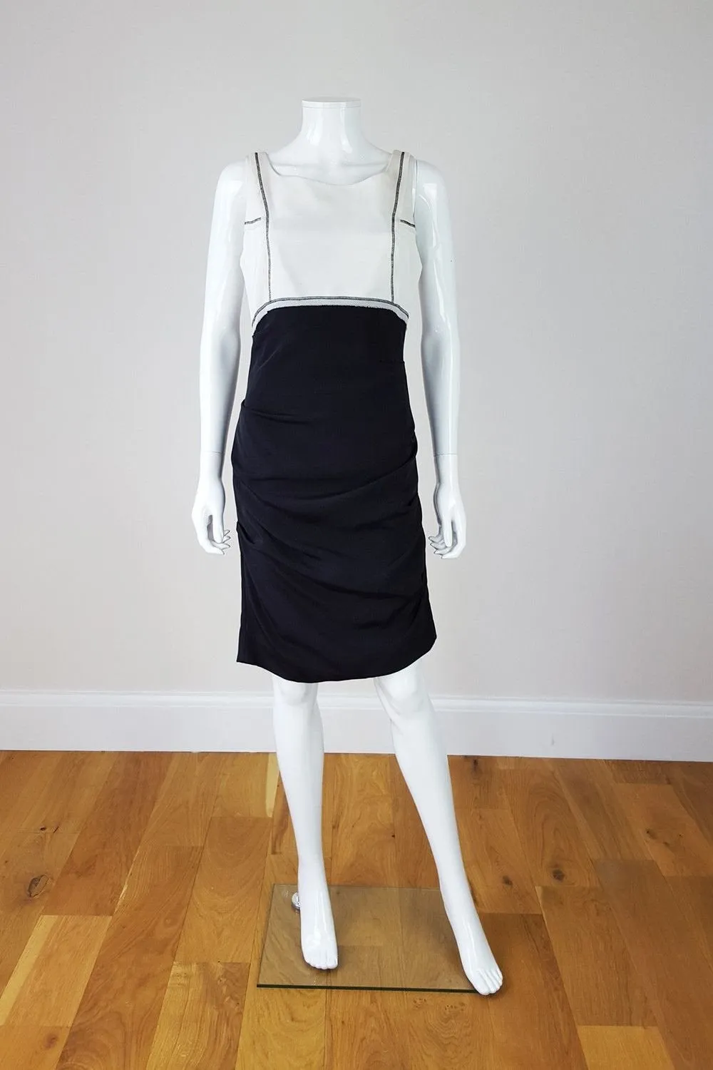 NICOLE MILLER Silk Mix Black White Colour Block Shift Dress (S)