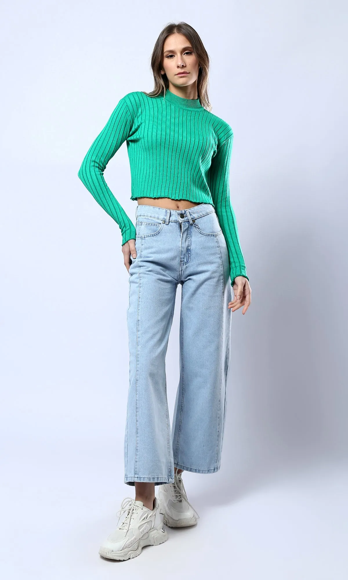 O172563 Green Ribbed Long Sleeves Short Pullover