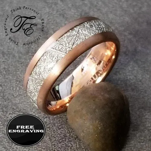 Personalized Men's Promise Ring - Meteorite Inlay Rose Gold Over Real Tungsten