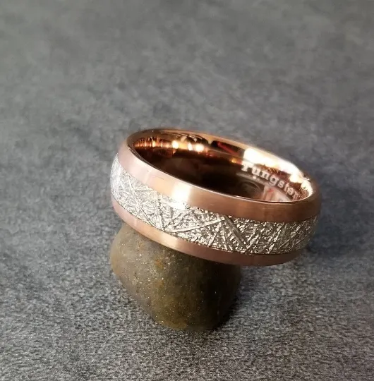 Personalized Men's Promise Ring - Meteorite Inlay Rose Gold Over Real Tungsten