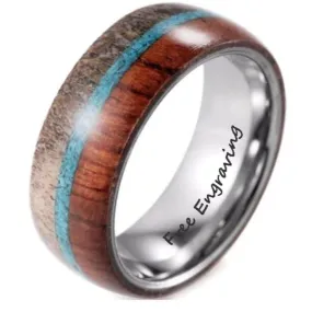 Personalized Men's Promise Ring - Turquoise, Antler and Wood Inlay Real Tungsten