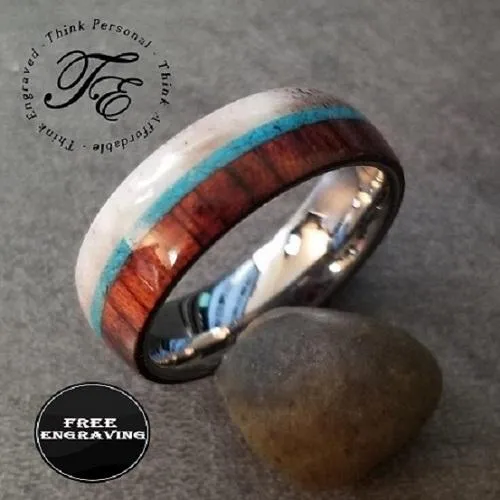 Personalized Men's Promise Ring - Turquoise, Antler and Wood Inlay Real Tungsten