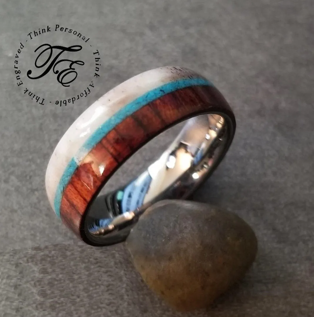 Personalized Men's Promise Ring - Turquoise, Antler and Wood Inlay Real Tungsten