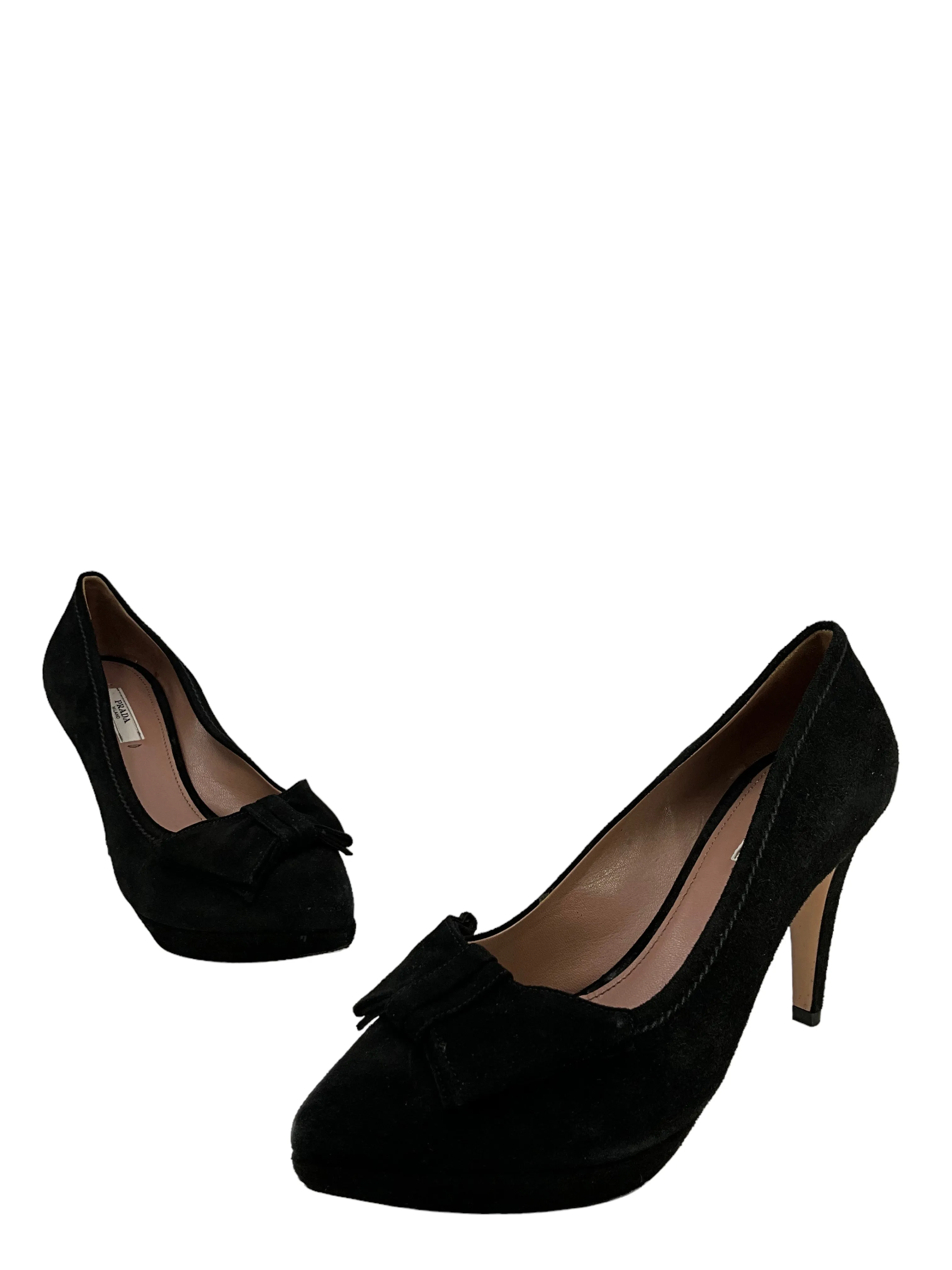 Prada Black Suede Platform Pumps With Bow Size 8.5