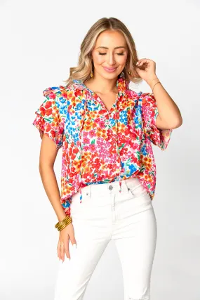 Shauna Ruffle Shoulder Top - Berry Blue