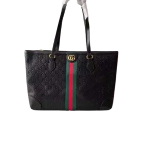 Stylish Black Tote Bag with Bold Green and Red Stripe