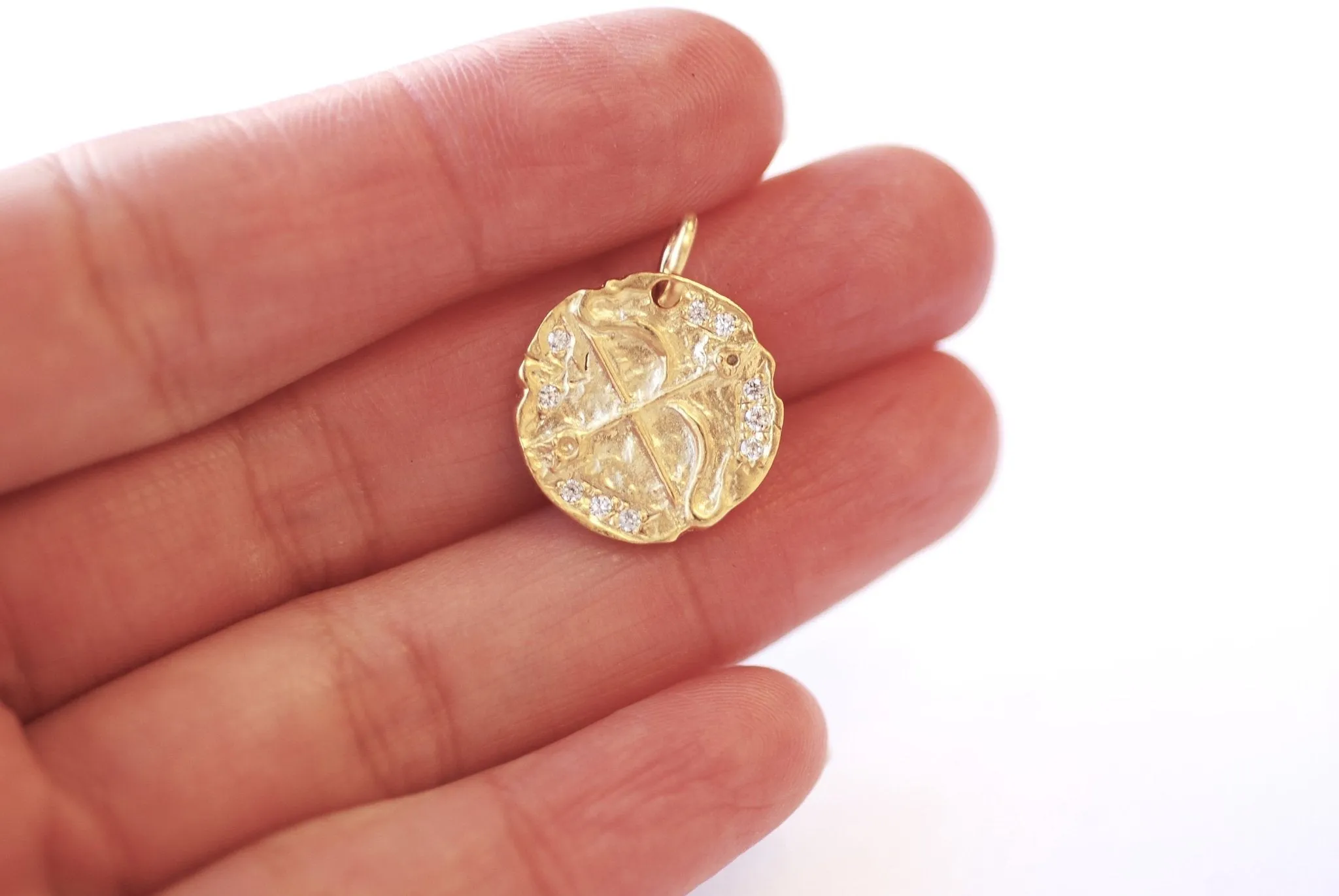 Wholesale Vermeil Gold Cubic Zirconia Bow and Arrow Disc Charm - 18k gold plated 925 sterling Silver Archer Charm, 16mm Cubic Zirconia Zodiac Pendant