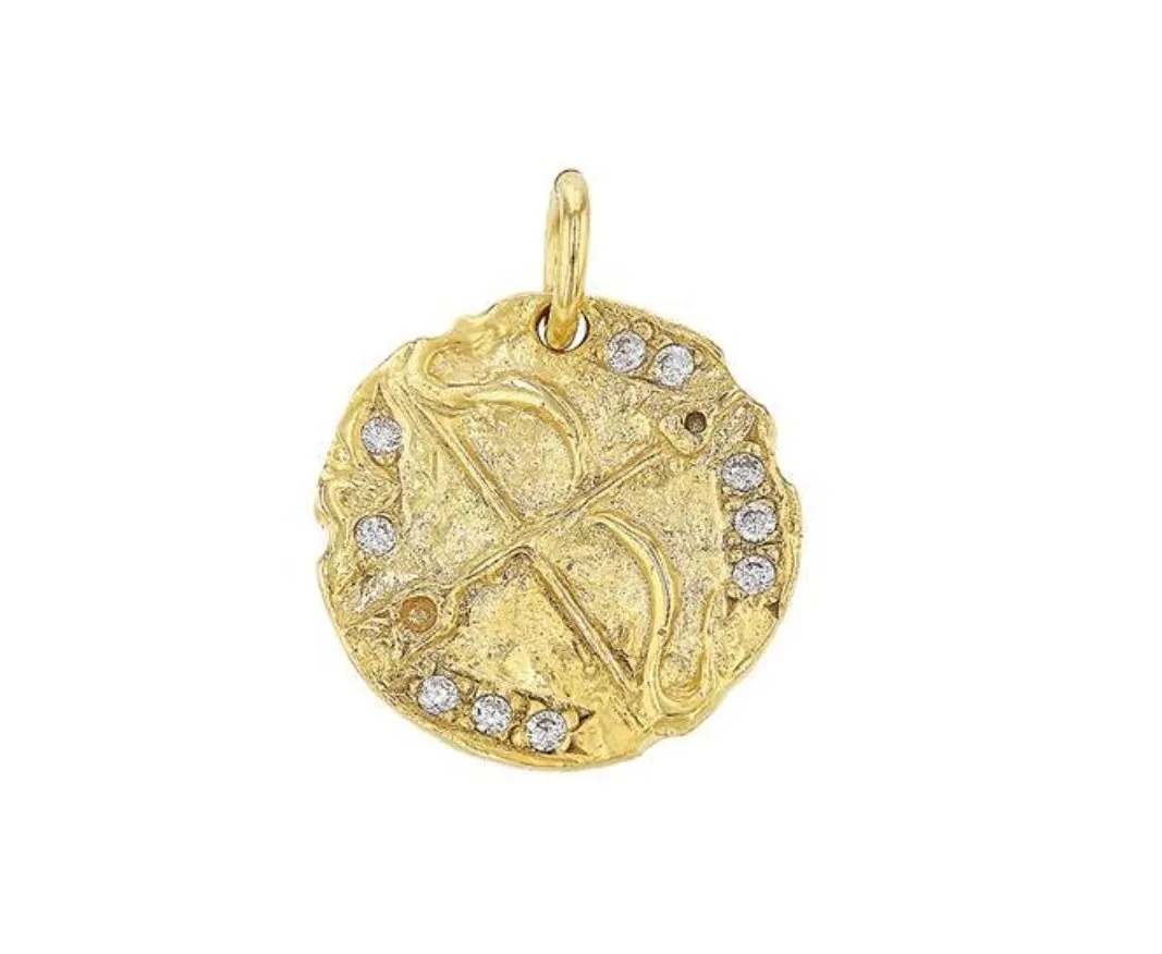 Wholesale Vermeil Gold Cubic Zirconia Bow and Arrow Disc Charm - 18k gold plated 925 sterling Silver Archer Charm, 16mm Cubic Zirconia Zodiac Pendant